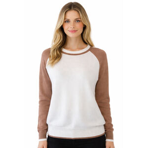 Monrow Women's Cream and Tan Colorblock Raglan Long Sleeve Sweater Size Large